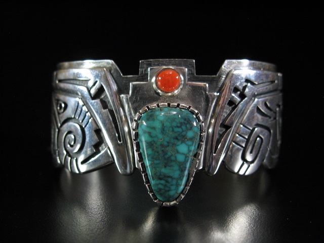 Roy Talahaftewa Turquoise and Coral Sterling Overlay Bracelet 6.25