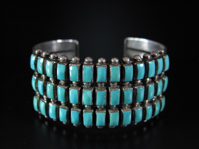 Early Zuni Three Row Square Turquoise Bracelet 6.25